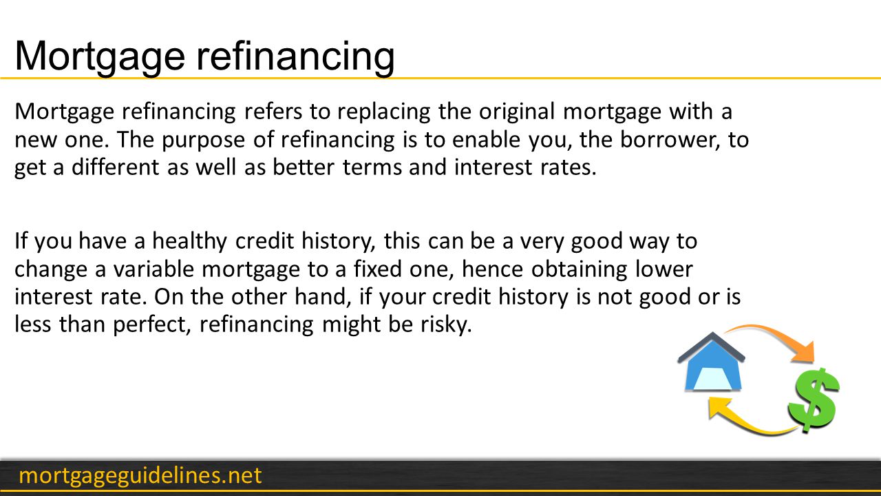 mortgageguidelines.net Mortgage refinancing Mortgage refinancing refers to replacing the original mortgage with a new one.