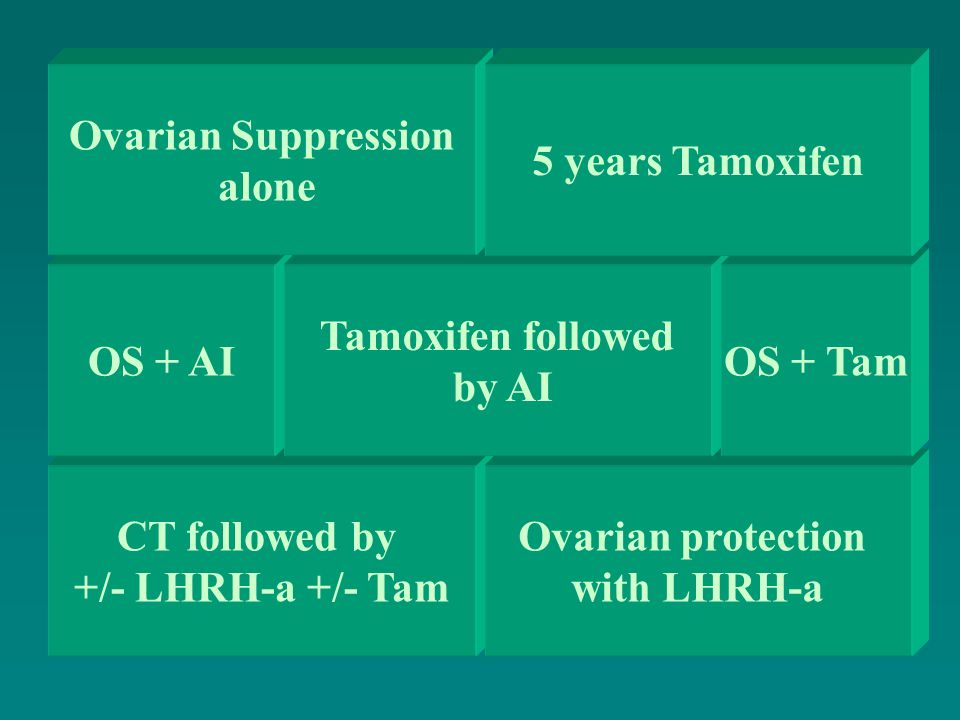 CT followed by +/- LHRH-a +/- Tam Ovarian protection with LHRH-a OS + AI Tamoxifen followed by AI Ovarian Suppression alone OS + Tam 5 years Tamoxifen