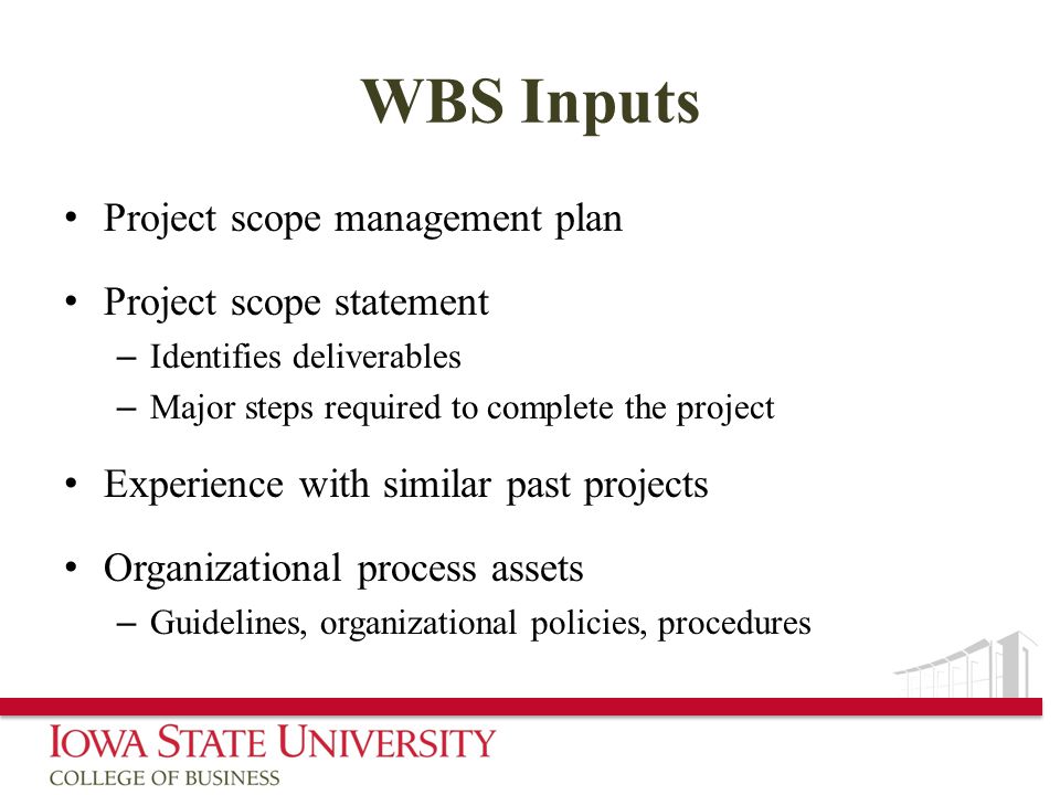 WBS Inputs Project scope management plan Project scope statement – Identifies deliverables – Major steps required to complete the project Experience with similar past projects Organizational process assets – Guidelines, organizational policies, procedures