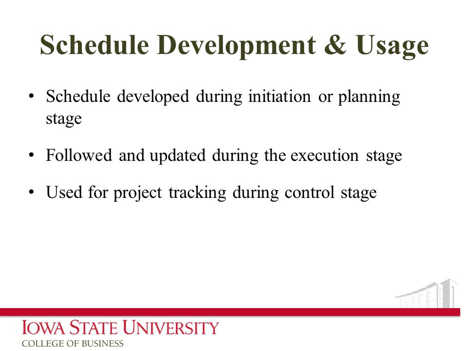Schedule Development & Usage Schedule developed during initiation or planning stage Followed and updated during the execution stage Used for project tracking during control stage