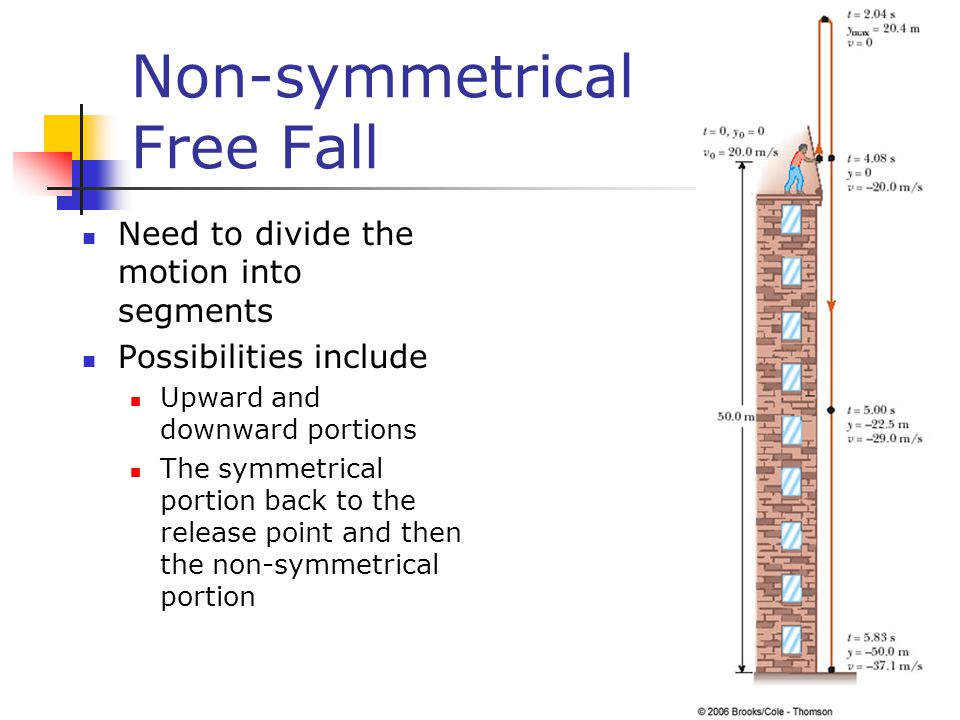 Non-symmetrical Free Fall Need to divide the motion into segments Possibilities include Upward and downward portions The symmetrical portion back to the release point and then the non-symmetrical portion