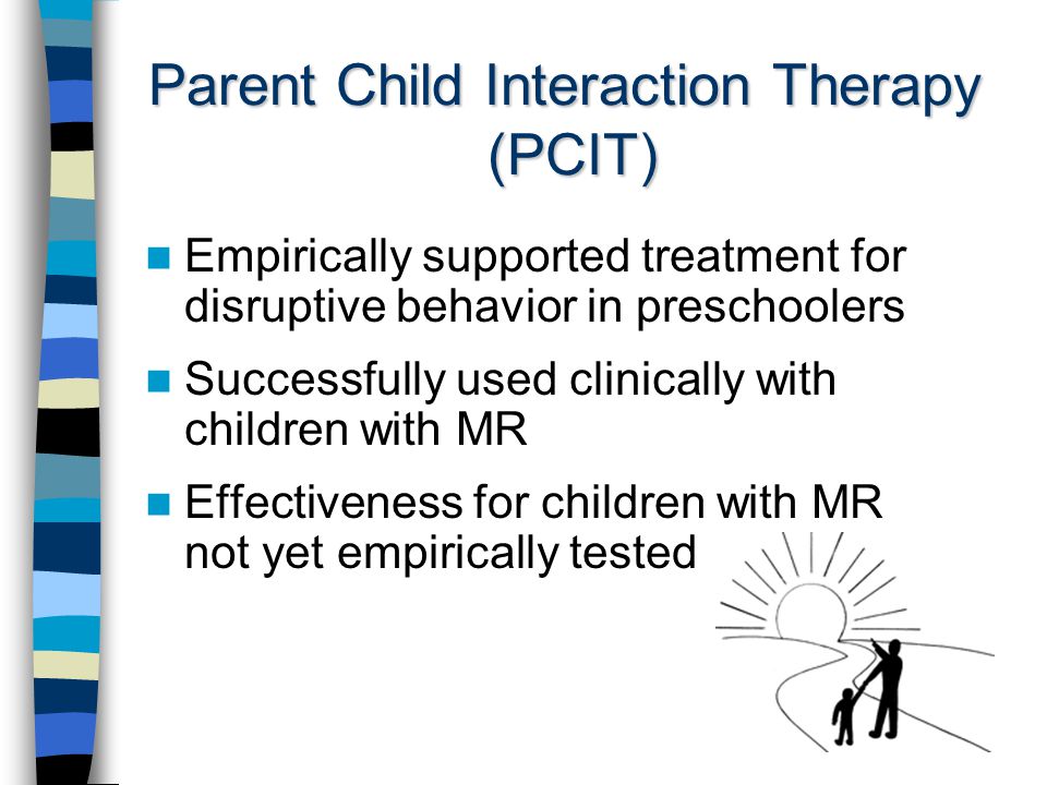 Parent Child Interaction Therapy (PCIT) Empirically supported treatment for disruptive behavior in preschoolers Successfully used clinically with children with MR Effectiveness for children with MR not yet empirically tested
