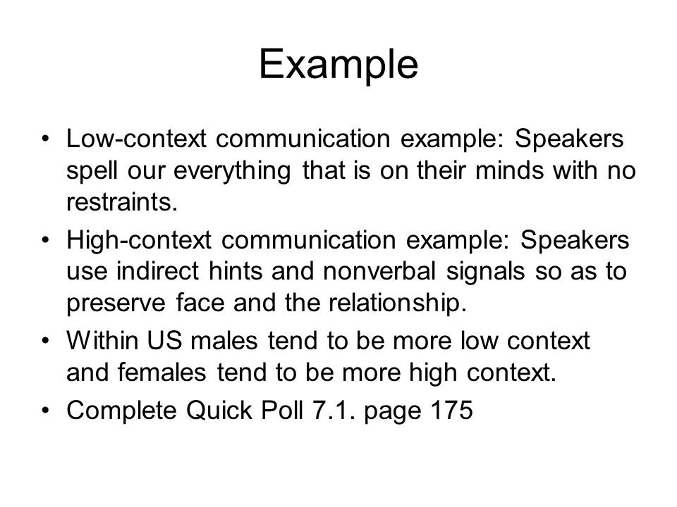 Example Low-context communication example: Speakers spell our everything that is on their minds with no restraints.