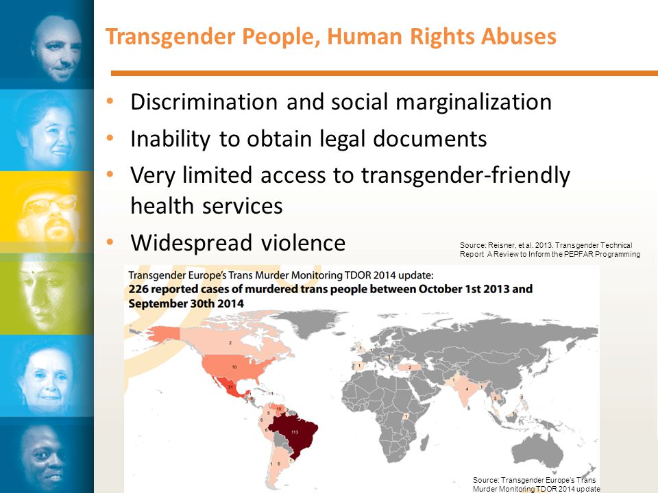 Transgender People, Human Rights Abuses Discrimination and social marginalization Inability to obtain legal documents Very limited access to transgender-friendly health services Widespread violence Source: Transgender Europe’s Trans Murder Monitoring TDOR 2014 update Source: Reisner, et al.