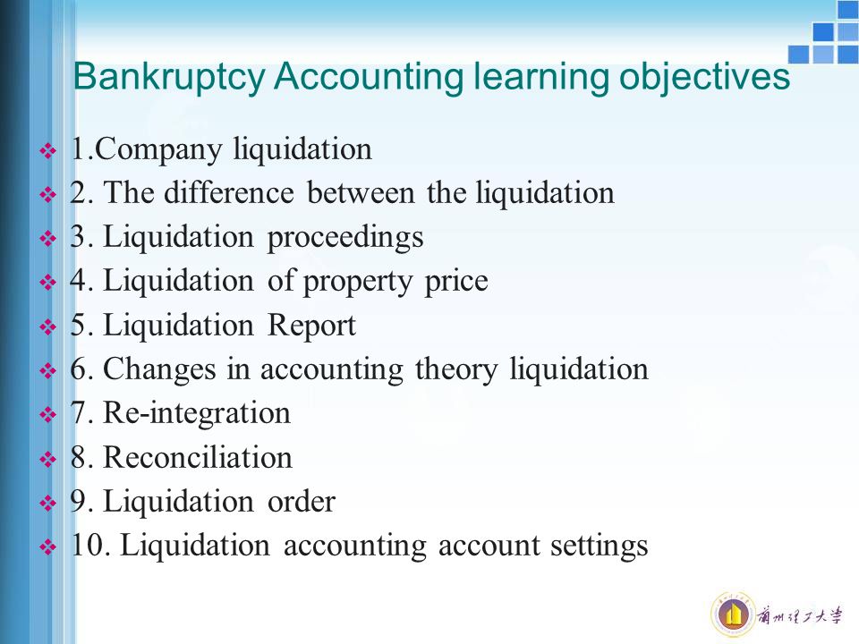 Bankruptcy Accounting learning objectives  1.Company liquidation  2.