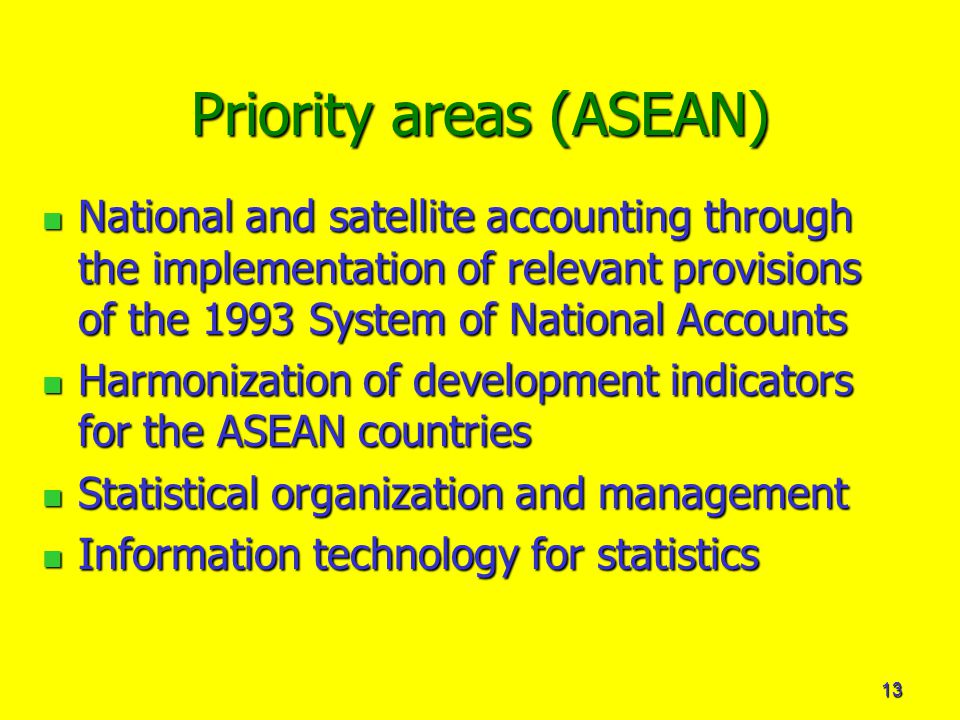 13 Priority areas (ASEAN) National and satellite accounting through the implementation of relevant provisions of the 1993 System of National Accounts National and satellite accounting through the implementation of relevant provisions of the 1993 System of National Accounts Harmonization of development indicators for the ASEAN countries Harmonization of development indicators for the ASEAN countries Statistical organization and management Statistical organization and management Information technology for statistics Information technology for statistics