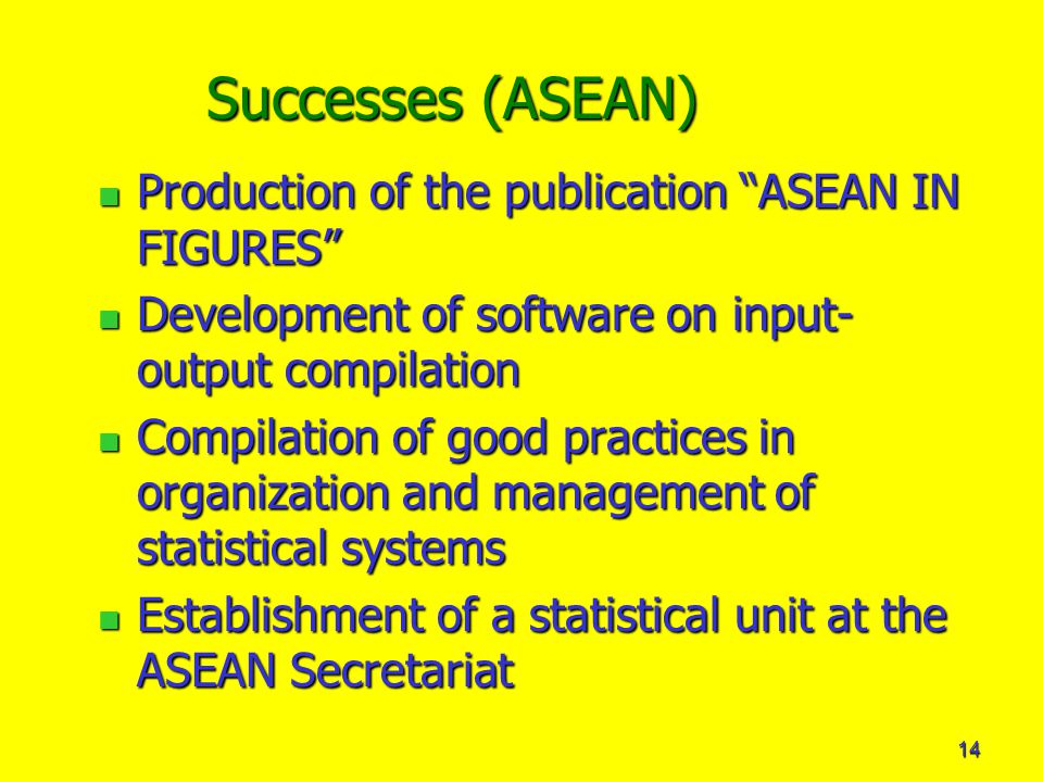 14 Successes (ASEAN) Production of the publication ASEAN IN FIGURES Production of the publication ASEAN IN FIGURES Development of software on input- output compilation Development of software on input- output compilation Compilation of good practices in organization and management of statistical systems Compilation of good practices in organization and management of statistical systems Establishment of a statistical unit at the ASEAN Secretariat Establishment of a statistical unit at the ASEAN Secretariat