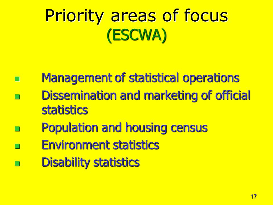 17 Priority areas of focus (ESCWA) Management of statistical operations Management of statistical operations Dissemination and marketing of official statistics Dissemination and marketing of official statistics Population and housing census Population and housing census Environment statistics Environment statistics Disability statistics Disability statistics