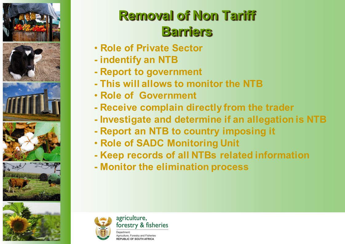 Role of Private Sector - indentify an NTB - Report to government - This will allows to monitor the NTB Role of Government - Receive complain directly from the trader - Investigate and determine if an allegation is NTB - Report an NTB to country imposing it Role of SADC Monitoring Unit - Keep records of all NTBs related information - Monitor the elimination process Removal of Non Tariff Barriers