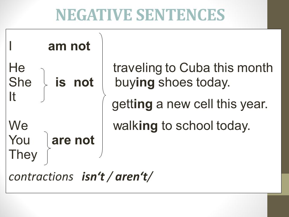 NEGATIVE SENTENCES I am not He traveling to Cuba this month She is not buying shoes today.