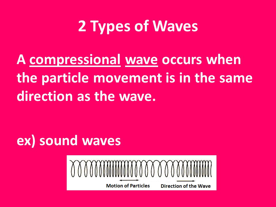 2 Types of Waves A compressional wave occurs when the particle movement is in the same direction as the wave.