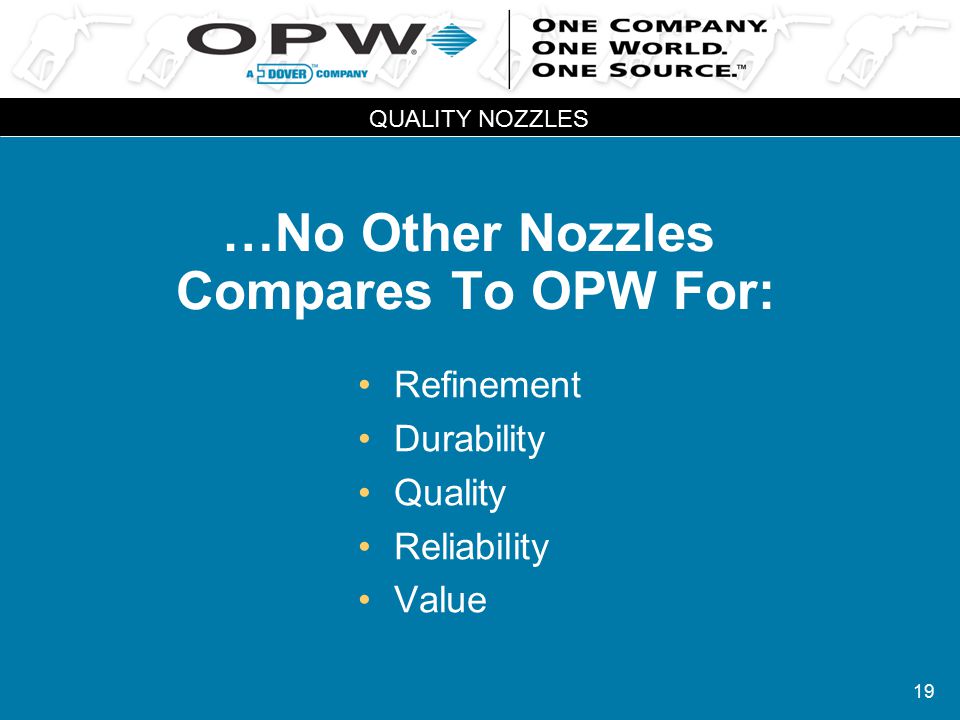19 …No Other Nozzles Compares To OPW For: Refinement Durability Quality Reliability Value QUALITY NOZZLES