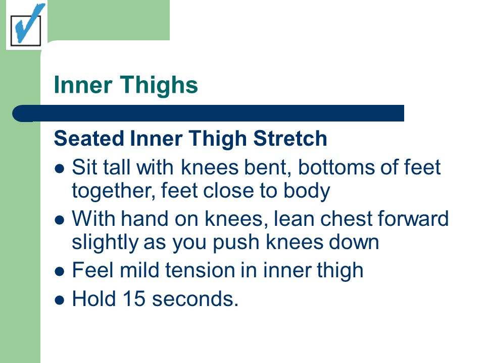 Inner Thighs Seated Inner Thigh Stretch Sit tall with knees bent, bottoms of feet together, feet close to body With hand on knees, lean chest forward slightly as you push knees down Feel mild tension in inner thigh Hold 15 seconds.