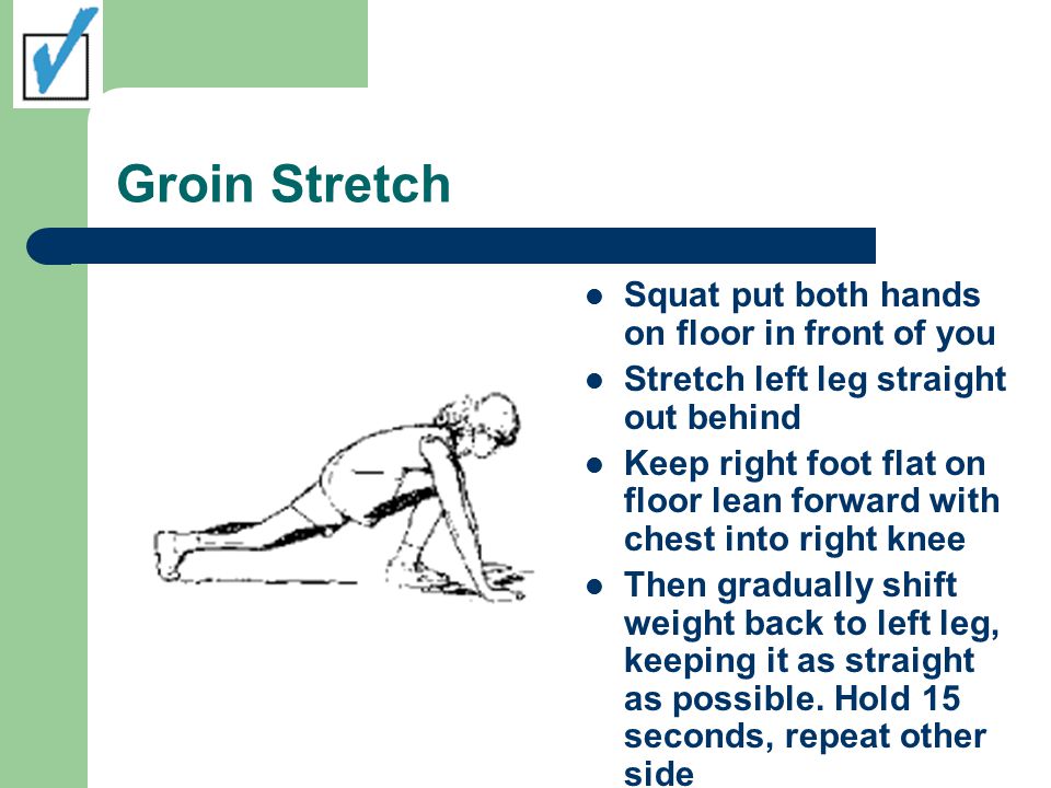 Groin Stretch Squat put both hands on floor in front of you Stretch left leg straight out behind Keep right foot flat on floor lean forward with chest into right knee Then gradually shift weight back to left leg, keeping it as straight as possible.