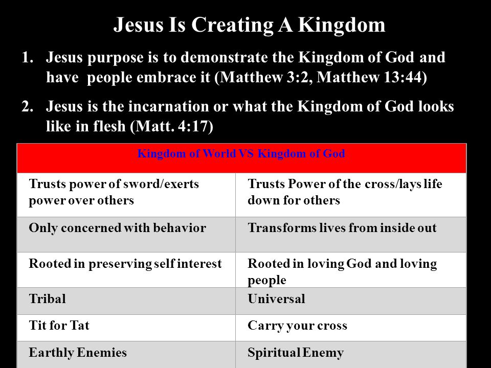 Jesus Is Creating A Kingdom 1.Jesus purpose is to demonstrate the Kingdom of God and have people embrace it (Matthew 3:2, Matthew 13:44) 2.Jesus is the incarnation or what the Kingdom of God looks like in flesh (Matt.