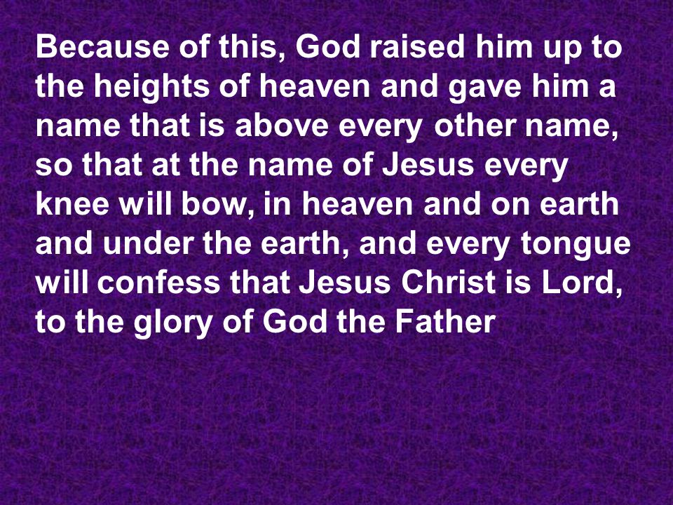 Because of this, God raised him up to the heights of heaven and gave him a name that is above every other name, so that at the name of Jesus every knee will bow, in heaven and on earth and under the earth, and every tongue will confess that Jesus Christ is Lord, to the glory of God the Father