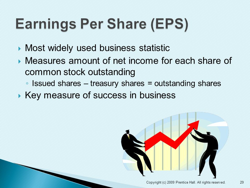  Most widely used business statistic  Measures amount of net income for each share of common stock outstanding ◦ Issued shares – treasury shares = outstanding shares  Key measure of success in business 29Copyright (c) 2009 Prentice Hall.