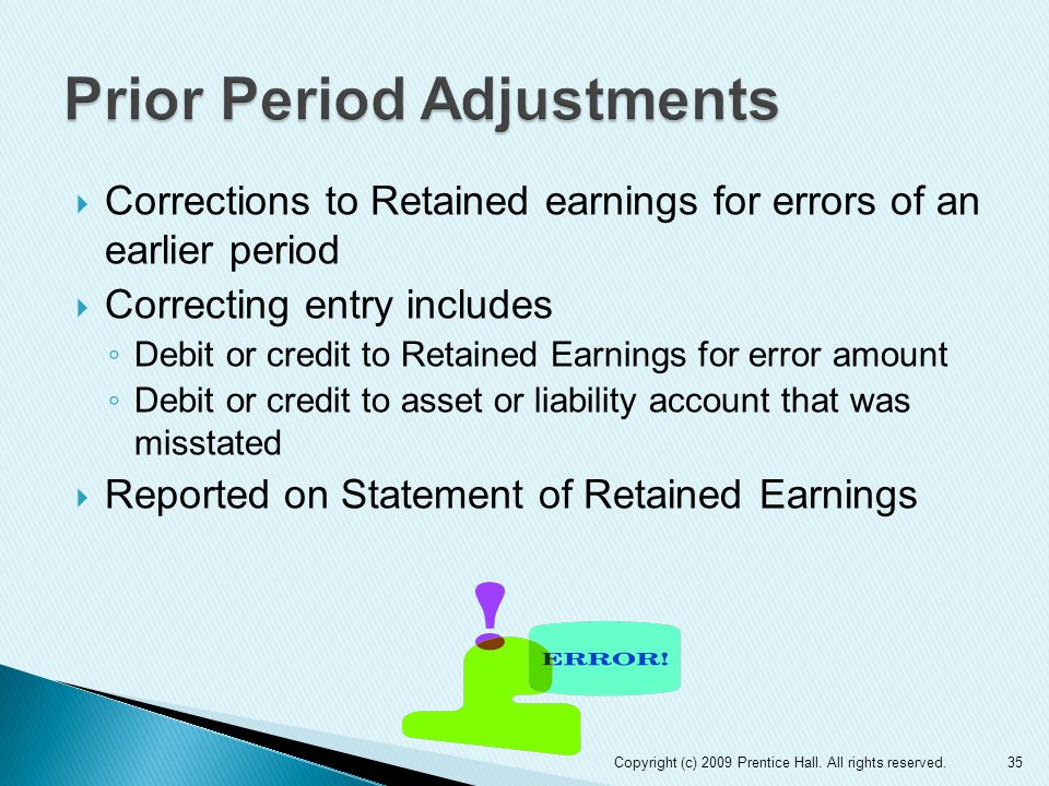  Corrections to Retained earnings for errors of an earlier period  Correcting entry includes ◦ Debit or credit to Retained Earnings for error amount ◦ Debit or credit to asset or liability account that was misstated  Reported on Statement of Retained Earnings 35Copyright (c) 2009 Prentice Hall.