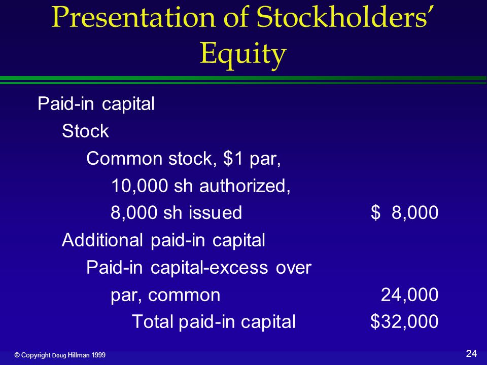 24 © Copyright Doug Hillman 1999 Presentation of Stockholders’ Equity Paid-in capital Stock Common stock, $1 par, 10,000 sh authorized, 8,000 sh issued$ 8,000 Additional paid-in capital Paid-in capital-excess over par, common24,000 Total paid-in capital$32,000