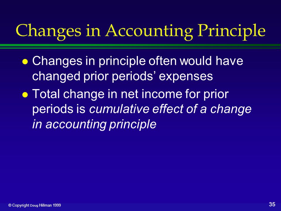 35 © Copyright Doug Hillman 1999 Changes in Accounting Principle l Changes in principle often would have changed prior periods’ expenses l Total change in net income for prior periods is cumulative effect of a change in accounting principle