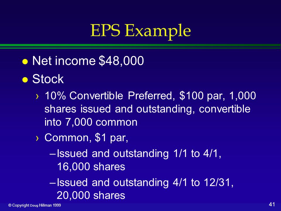 41 © Copyright Doug Hillman 1999 EPS Example l Net income $48,000 l Stock ›10% Convertible Preferred, $100 par, 1,000 shares issued and outstanding, convertible into 7,000 common ›Common, $1 par, –Issued and outstanding 1/1 to 4/1, 16,000 shares –Issued and outstanding 4/1 to 12/31, 20,000 shares