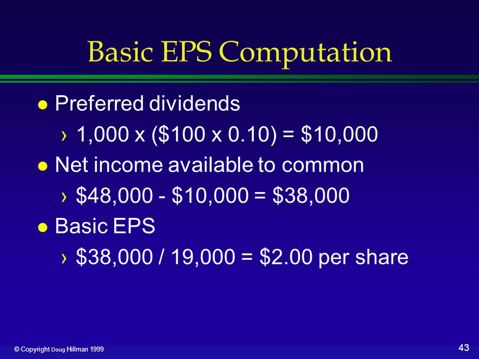 43 © Copyright Doug Hillman 1999 Basic EPS Computation l Preferred dividends ›1,000 x ($100 x 0.10) = $10,000 l Net income available to common ›$48,000 - $10,000 = $38,000 l Basic EPS ›$38,000 / 19,000 = $2.00 per share