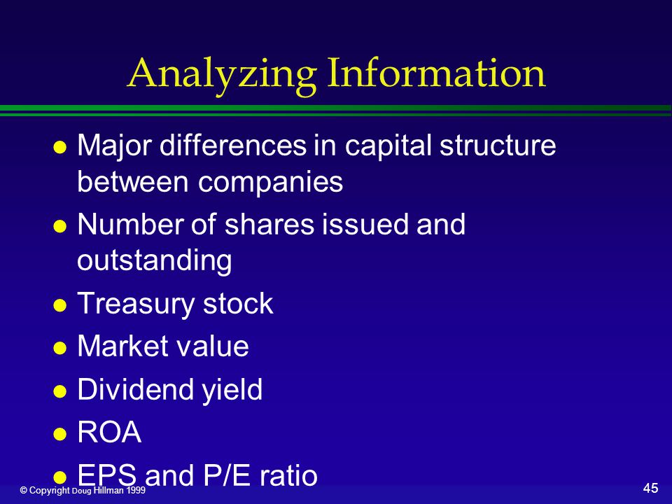 45 © Copyright Doug Hillman 1999 Analyzing Information l Major differences in capital structure between companies l Number of shares issued and outstanding l Treasury stock l Market value l Dividend yield l ROA l EPS and P/E ratio