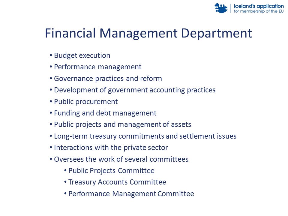 Budget execution Performance management Governance practices and reform Development of government accounting practices Public procurement Funding and debt management Public projects and management of assets Long-term treasury commitments and settlement issues Interactions with the private sector Oversees the work of several committees Public Projects Committee Treasury Accounts Committee Performance Management Committee Financial Management Department