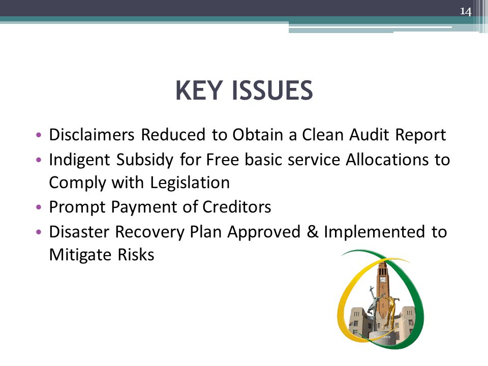 KEY ISSUES Disclaimers Reduced to Obtain a Clean Audit Report Indigent Subsidy for Free basic service Allocations to Comply with Legislation Prompt Payment of Creditors Disaster Recovery Plan Approved & Implemented to Mitigate Risks 14