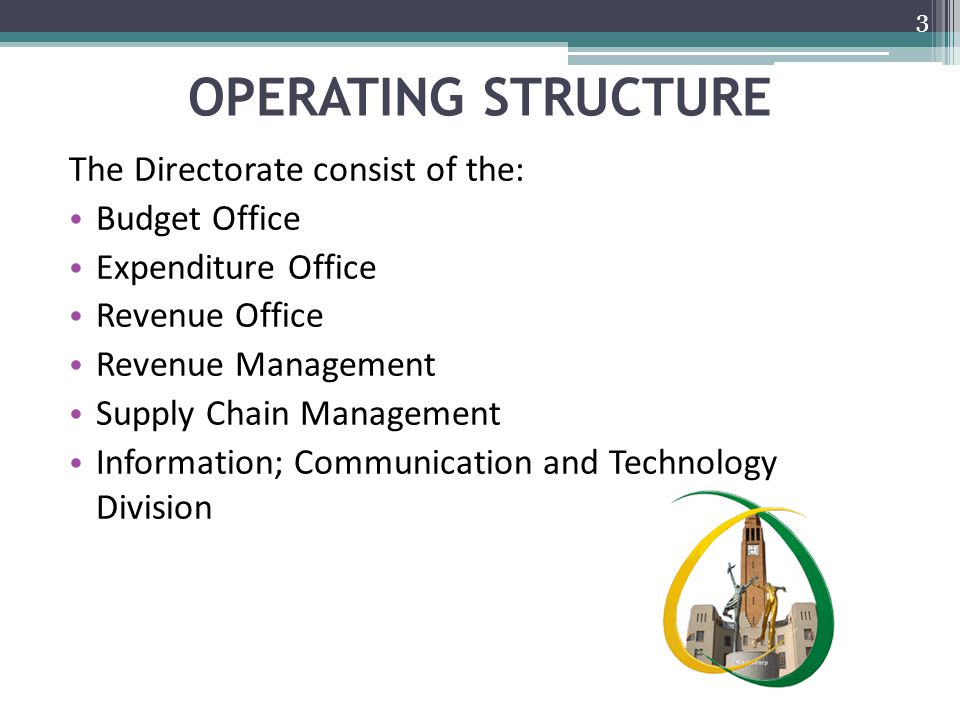 OPERATING STRUCTURE The Directorate consist of the: Budget Office Expenditure Office Revenue Office Revenue Management Supply Chain Management Information; Communication and Technology Division 3