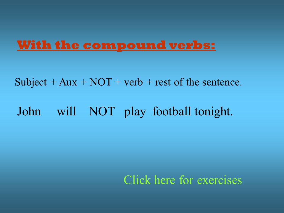 With the compound verbs: Subject + Aux + NOT + verb + rest of the sentence.