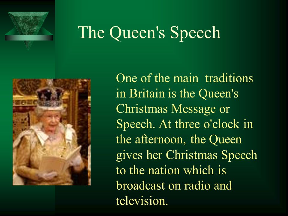 One of the main traditions in Britain is the Queen s Christmas Message or Speech.