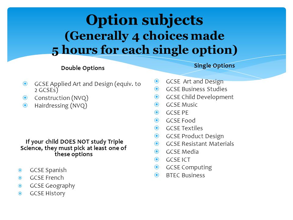 Option subjects (Generally 4 choices made 5 hours for each single option) Double Options  GCSE Applied Art and Design (equiv.