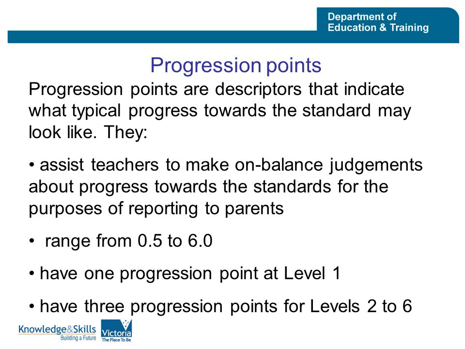Progression points Progression points are descriptors that indicate what typical progress towards the standard may look like.
