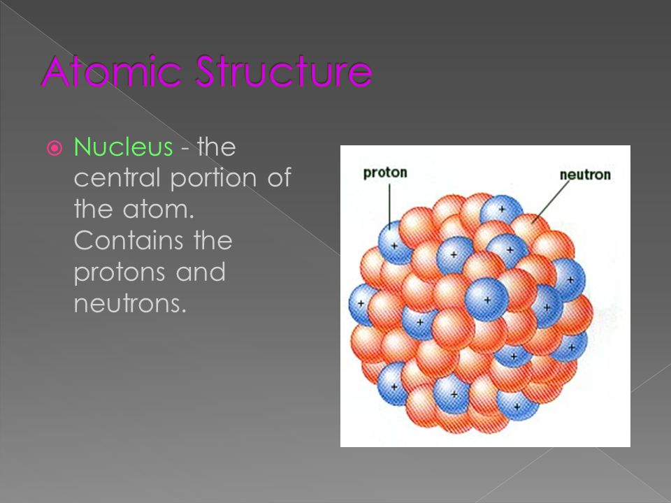  Nucleus - the central portion of the atom. Contains the protons and neutrons.