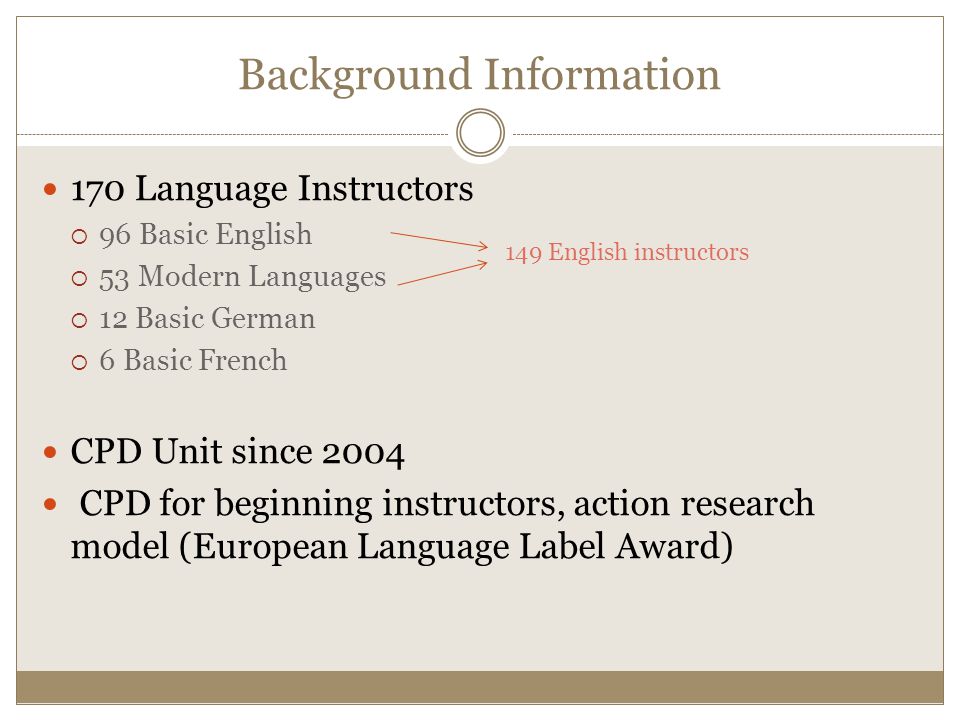 Background Information 170 Language Instructors  96 Basic English  53 Modern Languages  12 Basic German  6 Basic French CPD Unit since 2004 CPD for beginning instructors, action research model (European Language Label Award) 149 English instructors