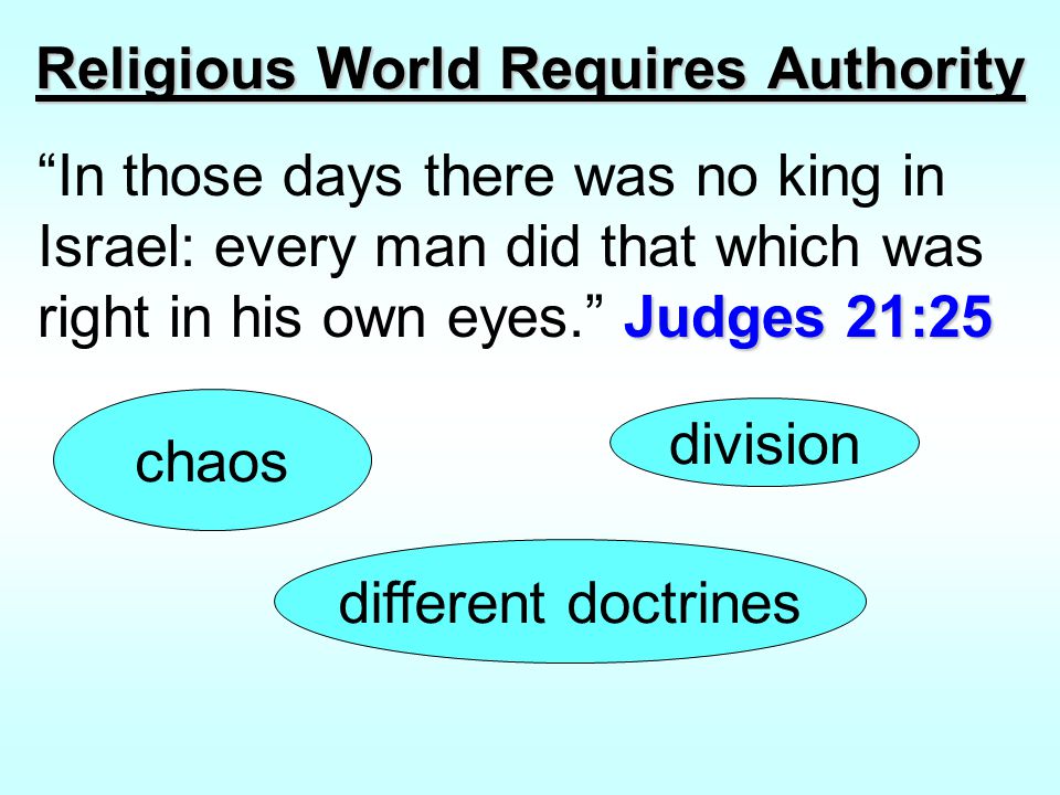 Religious World Requires Authority Judges 21:25 In those days there was no king in Israel: every man did that which was right in his own eyes. Judges 21:25 chaos division different doctrines
