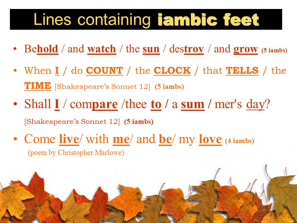 iambic feet Lines containing iambic feet Behold / and watch / the sun / destroy / and grow (5 iambs) When I / do COUNT / the CLOCK / that TELLS / the TIME [Shakespeare’s Sonnet 12] (5 iambs) Shall I / compare /thee to / a sum / mer s day.