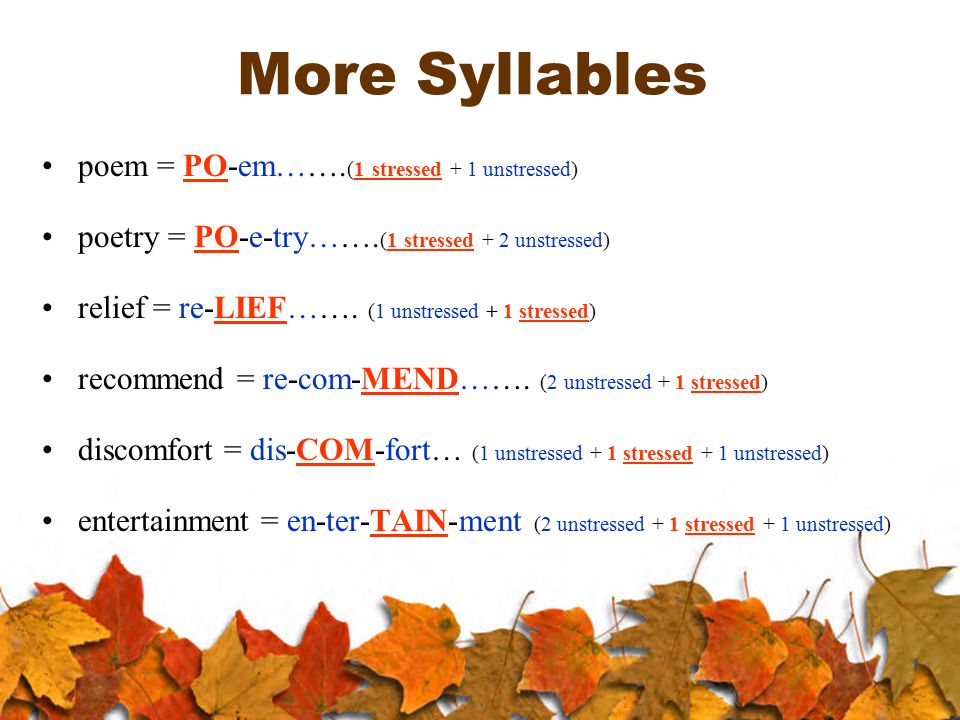 More Syllables poem = PO-em……. (1 stressed + 1 unstressed) poetry = PO-e-try…….