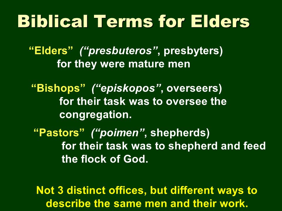 Biblical Terms for Elders Elders ( presbuteros , presbyters) for they were mature men Bishops ( episkopos , overseers) for their task was to oversee the congregation.