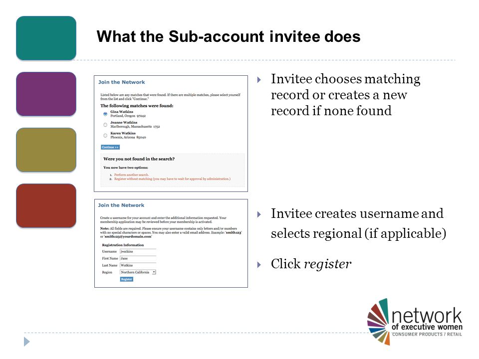 What the Sub-account invitee does  Invitee chooses matching record or creates a new record if none found  Invitee creates username and selects regional (if applicable)  Click register