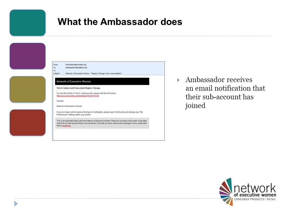 What the Ambassador does  Ambassador receives an  notification that their sub-account has joined