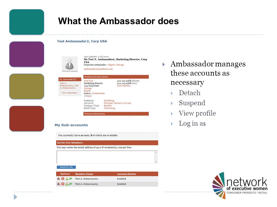 What the Ambassador does  Ambassador manages these accounts as necessary  Detach  Suspend  View profile  Log in a s