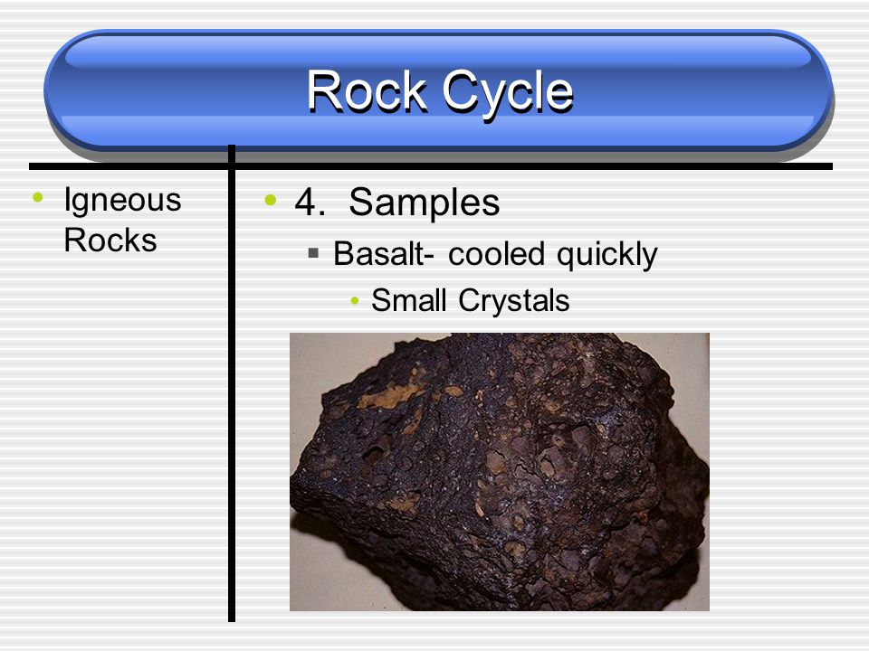 Rock Cycle Igneous Rocks 4. Samples  Basalt- cooled quickly Small Crystals