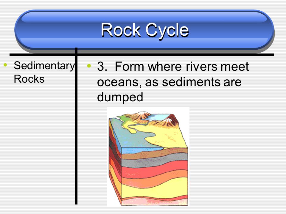Rock Cycle Sedimentary Rocks 3. Form where rivers meet oceans, as sediments are dumped