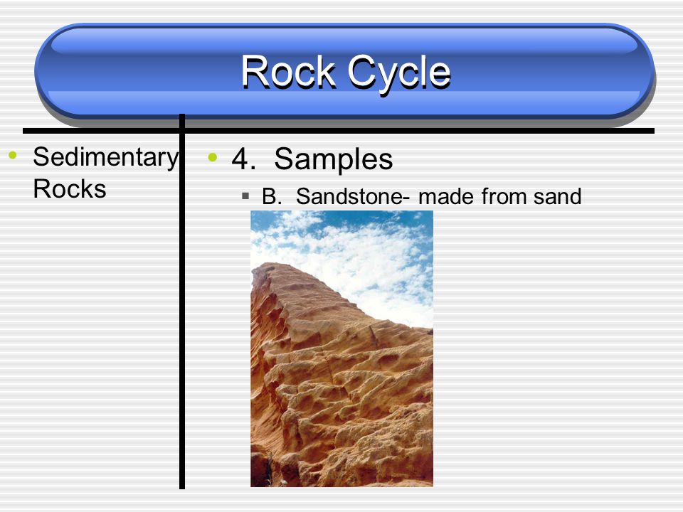 Rock Cycle Sedimentary Rocks 4. Samples  B. Sandstone- made from sand