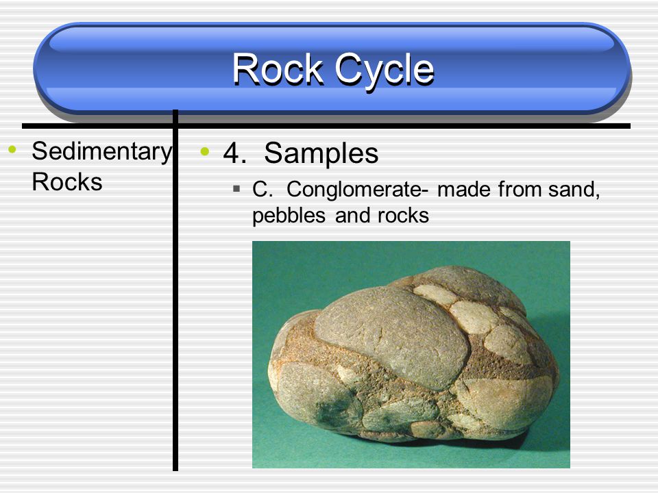 Rock Cycle Sedimentary Rocks 4. Samples  C. Conglomerate- made from sand, pebbles and rocks