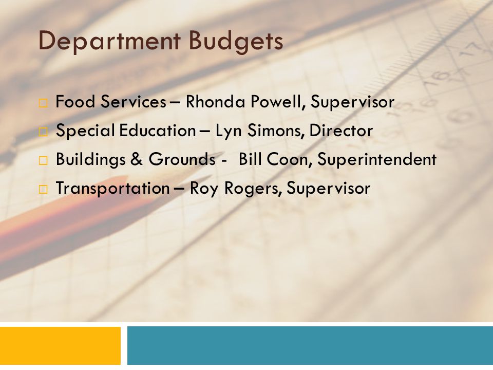 Department Budgets  Food Services – Rhonda Powell, Supervisor  Special Education – Lyn Simons, Director  Buildings & Grounds - Bill Coon, Superintendent  Transportation – Roy Rogers, Supervisor