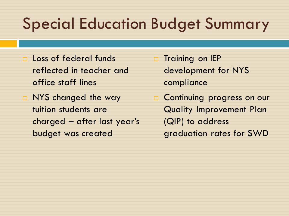 Special Education Budget Summary  Loss of federal funds reflected in teacher and office staff lines  NYS changed the way tuition students are charged – after last year’s budget was created  Training on IEP development for NYS compliance  Continuing progress on our Quality Improvement Plan (QIP) to address graduation rates for SWD
