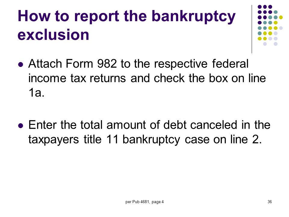 Printables Form 982 Worksheet 1 cancellation of debt for individuals presentation enrolled per pub 4681 page 436 how to report the bankruptcy exclusion attach form 982 to